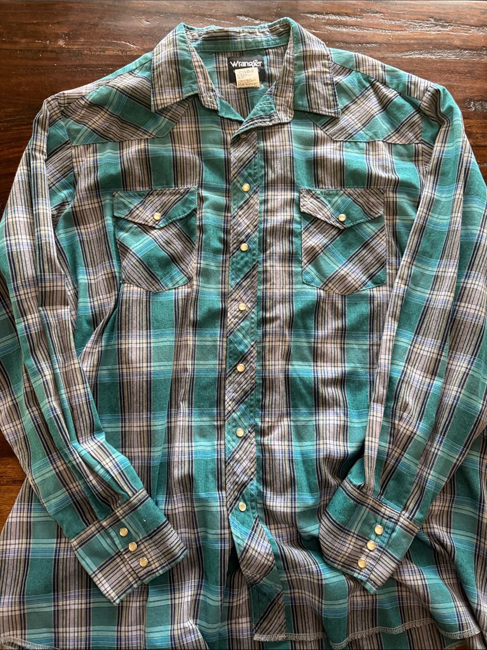 Wrangler Teal and Gray Plaid Western Button-Down Shirt